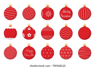 Set of 15 red Christmas balls with different textures, flat style, vector eps10 illustration