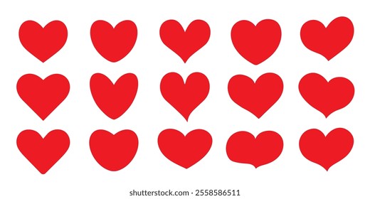 A set of 15 red hearts on a white background. Stickers of hearts of different shapes. The concept of Valentine's Day. Vector illustration.
