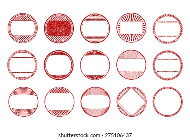 Set of 15 red, round, grunge, rubber stamps - templates. Vector illustration for your design in different styles.