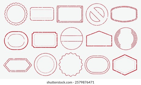 Set of 15 red stamp templates with various shapes. Stamps include circles, rectangles, and ovals. Red stamp designs for labels, logos, and seals. Red vintage stamps, vector set.