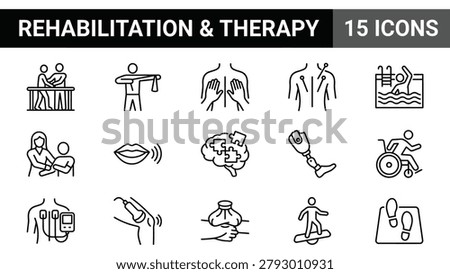 Set of 15 rehabilitation and therapy line icons in black and white
