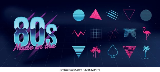 Set of 15 Retro Futuristic elements. Trendy 80s elements to create your own design. Retrowave templates for logo, labels, covers, posters, t-shirt design. Retro Neon style. Vector illustration