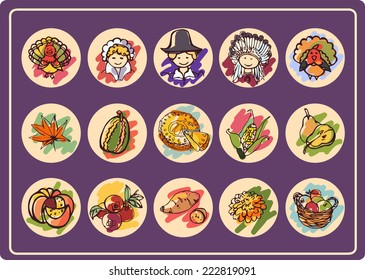 Set of 15 round icons on Thanksgiving Day in style color sketch/Thanksgiving Day icon set