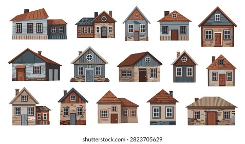 Set of 15 rustic folk art style house illustrations. Features textured wood, stone, and brick facades with gabled roofs and windows in earthy tones on a white background.