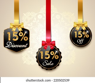 Set of 15% sale and discount golden labels with red bows and ribbons Style Sale Tags Design, 15 off - vector eps10