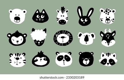 Set of 15 scandinavian style animals for kids. Nordic cute animals. Hand drawn panda tiger zebra deer fox lama bear koala faces. Baby t-shirts and wear, nursery posters for baby room, greeting cards