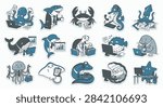 Set of 15 Sea Creature Office Workers Sticker Collection Featuring Octopus, Shark, Crab and Various Fish as Business Professionals in Flat Vector Style with Blue and Grey Colors