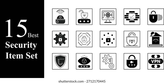 Set of 15 Security Web Icons. Cybersecurity, Protection, Privacy, Safety etc.