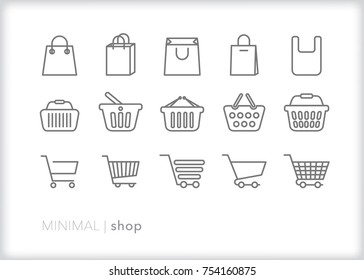 Set of 15 shop icons to represent buying something, a purchase, a cart or checkout