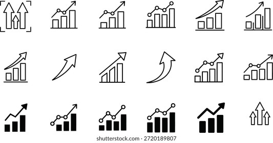 Un conjunto de 15 iconos de líneas simples y gráficos de barras con flechas que indican crecimiento, aumento y estadísticas sobre un fondo blanco