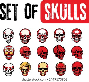 Set of 15 skull designs, illustration of skulls, illustrated, vector art, evil, demon, devil, artwork, dead heads, anatomy, character, skeleton, gangster style, death day, Halloween, helmet, UI, UX.  