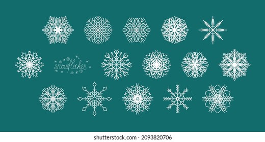 Set of 15 snowflakes, collection of white snowflakes icons isolated on blue background. New Year design elements, frozen snow symbol, vector illustration