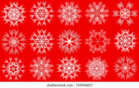 Set of 15 Snowflakes for Winter Holidays Design.   Christmas and New Year Pattern on the Red Background.
