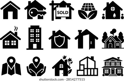 Set of 15 solid black real estate icons, simple house, house with key, SOLD sign board, solar panel leaves, house with
