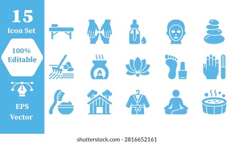Set of 15 spa and wellness treatment icons with wellness relaxation manicure