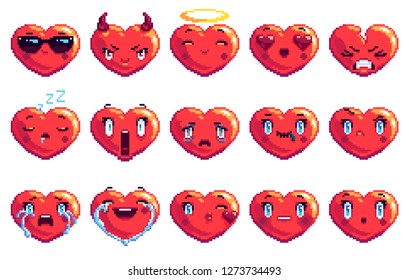 Set of 15 special heart shaped pixel art emoji in red color