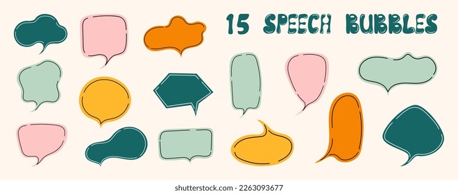 Set of 15 speech bubbles. Hand-drawn chatting clouds. Chatting. Vector illustration.