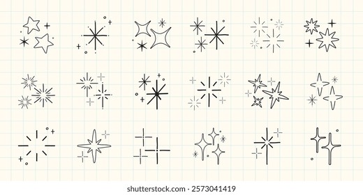 Set of 15 star and sparkle icons. Star icons and sparkle designs in various styles. Perfect for adding sparkle and star effects to projects. Element vector set.