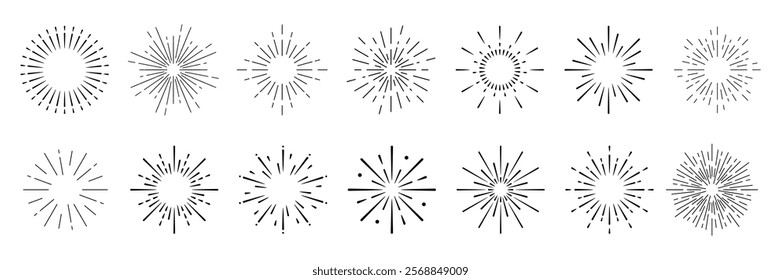 Set of 15 starburst designs. Starburst patterns in black and white. Starburst shapes vary in style. Ideal for decorative starburst elements. Festive elements, vector set.