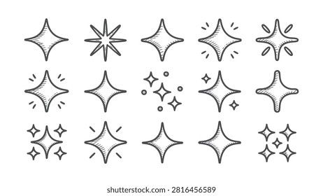 Set of 15 starshaped icons with sparkle effects on transparent background for graphics or decoration