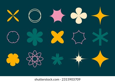 Set of 15 Swiss Bauhaus Y2K minimalistic figures. Set of trendy minimalistic clipart elements in retro colors on a dark background.