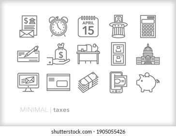 Set of 15 taxes icons for paying taxes, getting refund, saving money, hiring an accountant, filing by mail or electronically