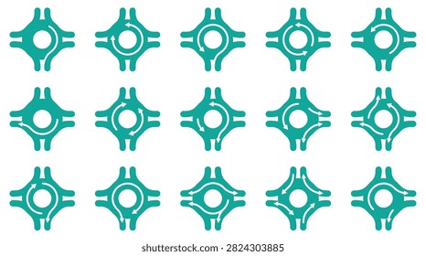 Set of 15 teal roundabout traffic flow icons showing navigation arrows for circular intersections. Factual symbols for turns, u-turns, and straight paths on a white background.