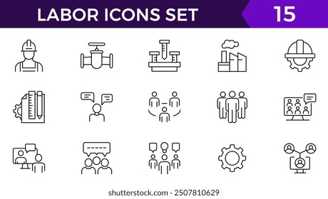 Set von 15 dünnen Linie Icons verwandten Team, Teamarbeit, Mitarbeiter, Zusammenarbeit. Lineare Business einfache Symbolsammlung. Vektorgrafik.