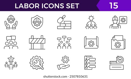 Set von 15 dünnen Linie Icons verwandten Team, Teamarbeit, Mitarbeiter, Zusammenarbeit. Lineare Business einfache Symbolsammlung. Vektorgrafik.