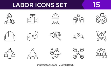 Set von 15 dünnen Linie Icons verwandten Team, Teamarbeit, Mitarbeiter, Zusammenarbeit. Lineare Business einfache Symbolsammlung. Vektorgrafik.