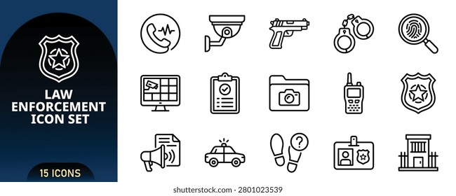 A set of 15 thin line icons for law enforcement, police, and security services, including surveillance, investigation, and equipment, isolated on white background.