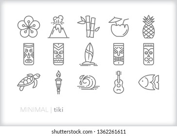 Set of 15 tiki line icons of Hawaiian and Polynesian themed items including mugs, surf board, volcano, ukulele, ocean wave, pineapple and coconut drink