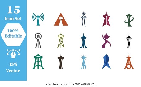 Set of 15 tower and observation structure vector icons with tower icon, building
