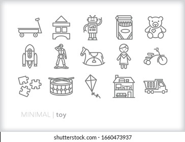 Set of 15 toy line icons for toddlers, children, boys and girls to play and learn at home, at a nursery, at school and with other kids