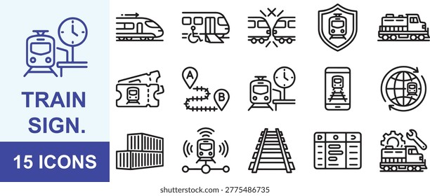 Set of 15 Train Outline Icons – Railway, Metro, Locomotive, Rail Transport, Station, Linear Editable Stroke Vector Collection for Travel Design