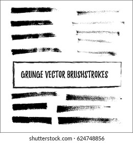 Set of 15 trendy black vector brush strokes or backgrounds. Hand painted black ink brush strokes, brushes, and lines. Dirty grunge artistic design elements. 