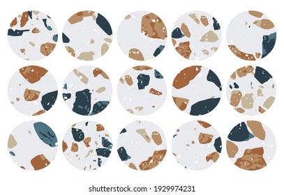 Ein Satz von 15 trendigen Vektorgeschichten hebt Decken in den Farben Schwarz, Braun, Beige und Gelb hervor. Minimalistische moderne boho Social Media Runde Symbole für Blogger und Einflussnehmer. 