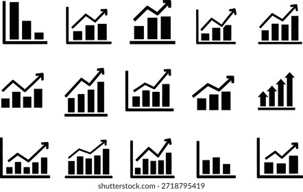 Ein Satz von 15 einzigartigen schwarzen Balkendiagrammsymbolen, die jeweils Pfeile enthalten, die Wachstum, Zunahme oder Trendanalyse in einem einfachen Stil anzeigen.