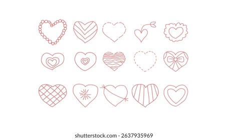 A set of 15 unique hand-drawn hearts, each with different patterns and styles.