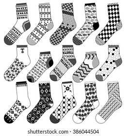 Set of 15 various socks. Black and white. Vector illustration