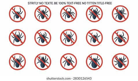Set of 15 various spider icons inside red prohibition circles, symbolizing pest control, anti-spider measures, arachnophobia prevention, and no-entry zones on white background.