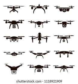 Set of 15 vector black icons of different quadcopters on a white background