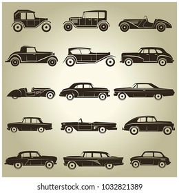 Set of 15 vector icons of vintage cars on a beige background