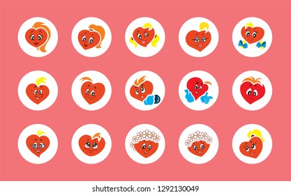 Set of 15 vector illustrations children's animation characters hearts boys and girls. Fiery flame of love in the children's picture of the animation character.