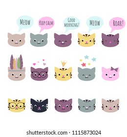 Set of 15 vector kawaii cat heads for bullet journal stickers, scrapbooking, avatars, etc. 