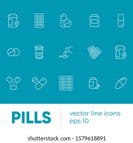 Set of 15 vector line icons and symbols in flat design tablets and pills with elements for mobile concepts and web apps. Collection of modern medical and health life infographic logo and pictogram.