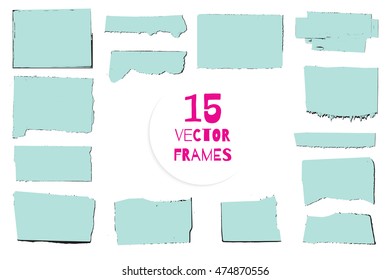 Set of 15 vector silhouettes of torn paper pages. Stickers. Grunge borders. Reminder background. Messy textures.