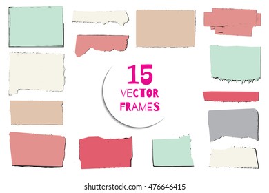 Set of 15 vector silhouettes of torn paper pages. Stickers. Grunge borders. Reminder background. Messy textures.