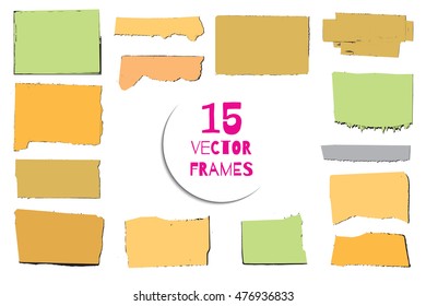 Set of 15 vector silhouettes of torn paper pages. Stickers. Grunge borders. Reminder background. Messy textures.