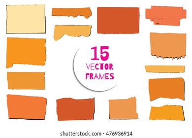 Set of 15 vector silhouettes of torn paper pages. Stickers. Grunge borders. Reminder background. Messy textures.